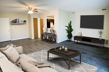 Living room with tv, couch, table and tv unit